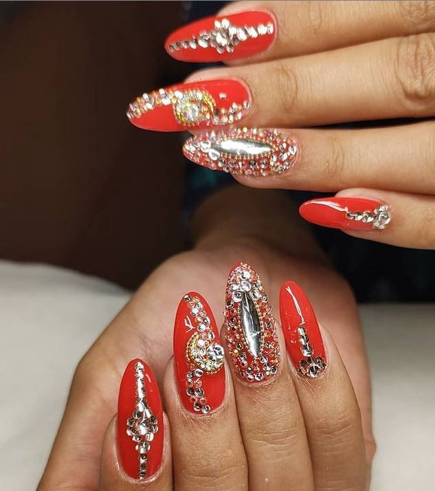 Read and Stones studded Bridal nails By Holy Nails Pune