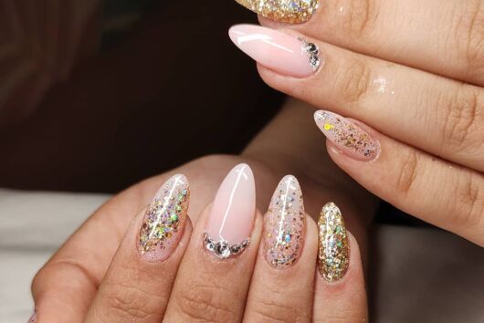 Golden Glitter On Pink Bridal Nails By Holy Nails Pune